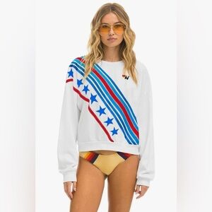 AVIATOR NATION CROSS STRIPE STARS RELAXED CREW SWEATSHIRT SIZE SM